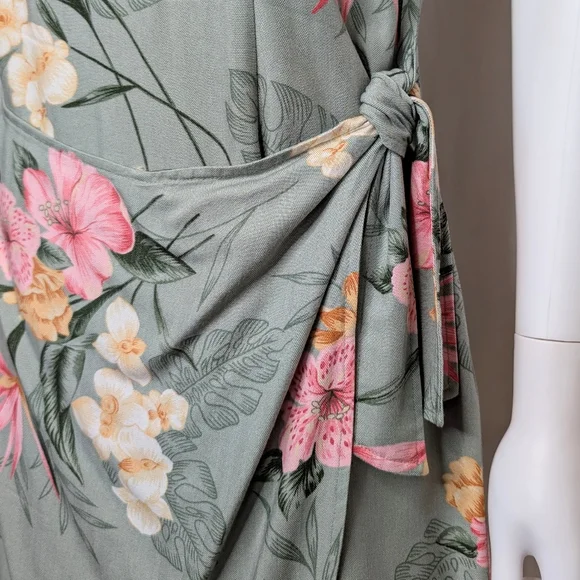Green & Pink Botanical Floral Sleeveless Tank Midi Dress Wrap Front Style - Picture 3 of 9